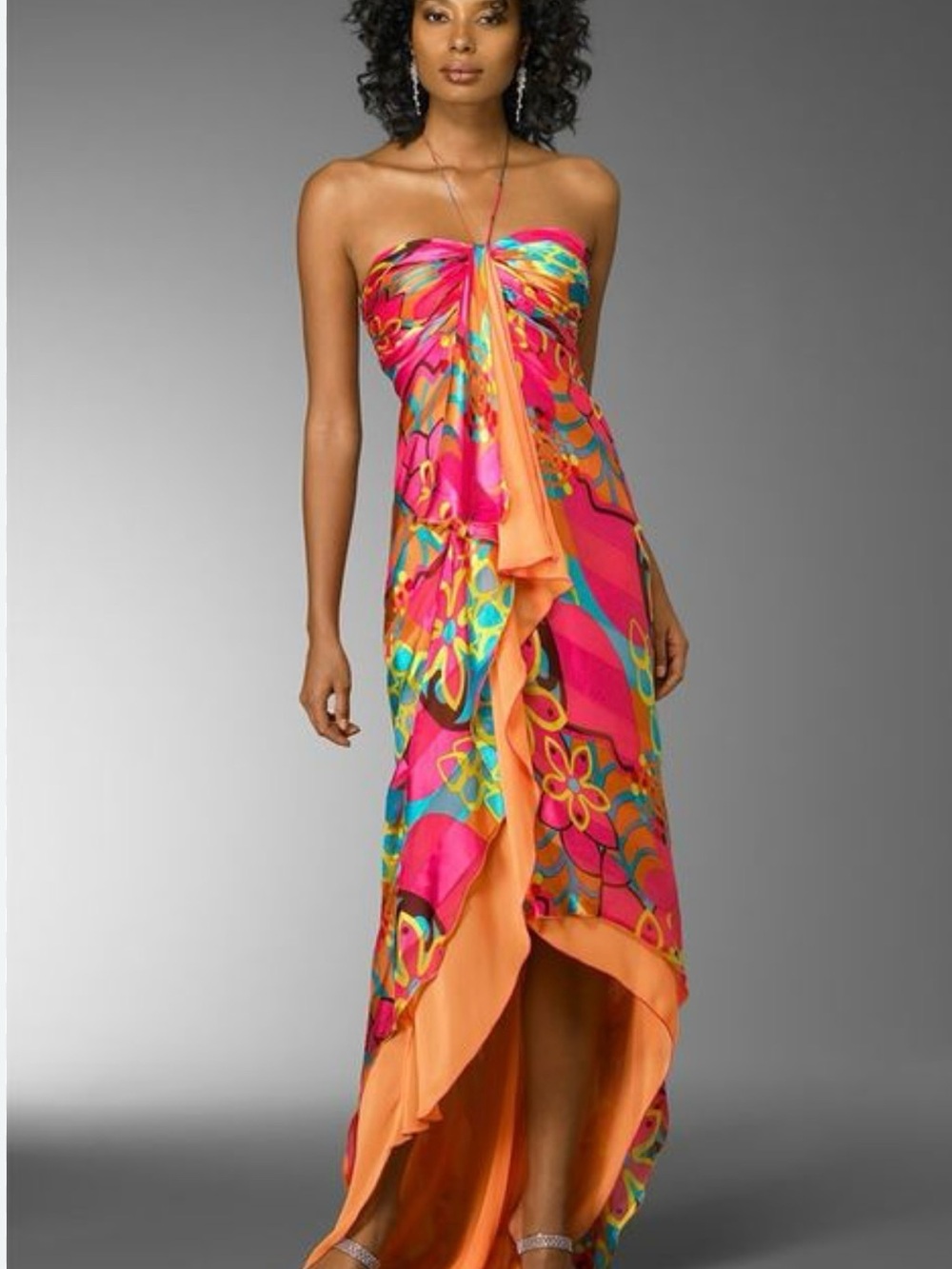 Mary L Couture Bright Pink and Orange Strapless Maxi Dress